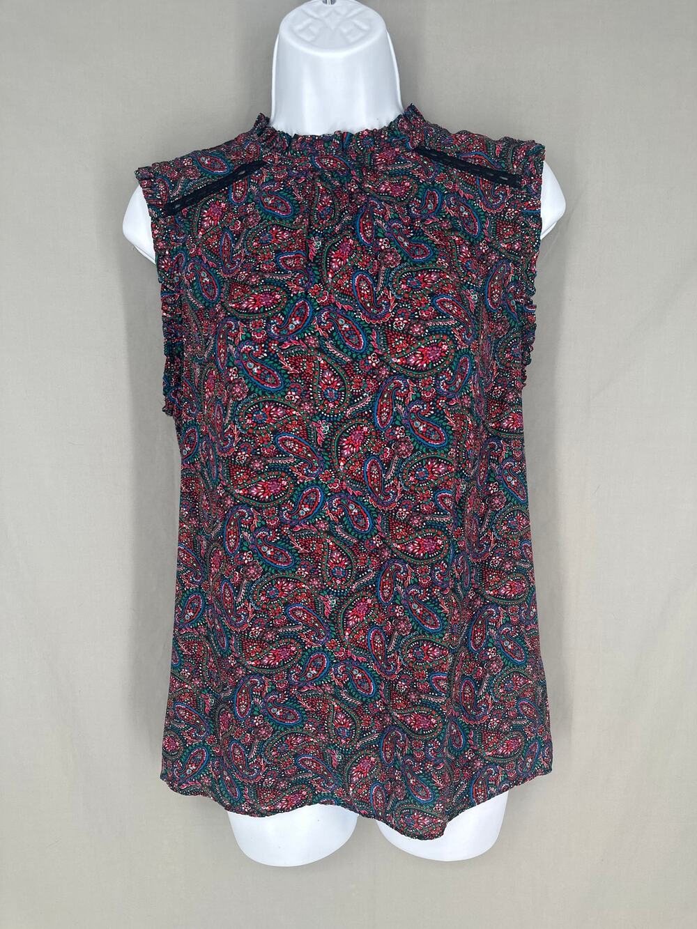 Loft Top Womens Medium Black Paisley Colorful Ruffle Sleeveless Boho Crochet Red
